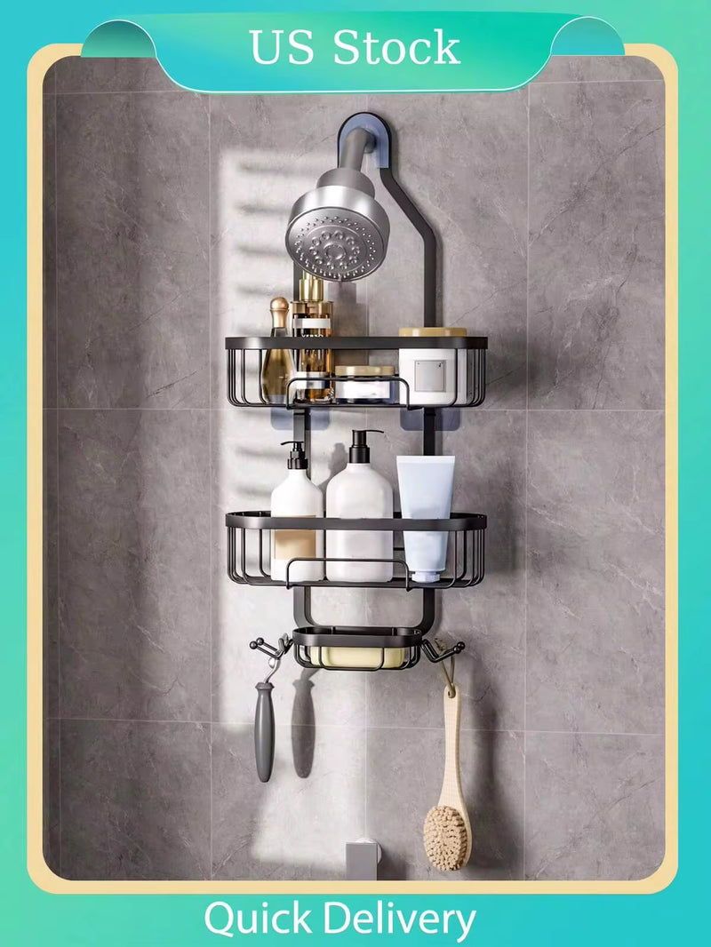1pc Bathroom Hanging Shower Organizer, Over Head Shower Caddy Shower Storage Rack Basket With Hooks For Razor And Sponge Rustproof