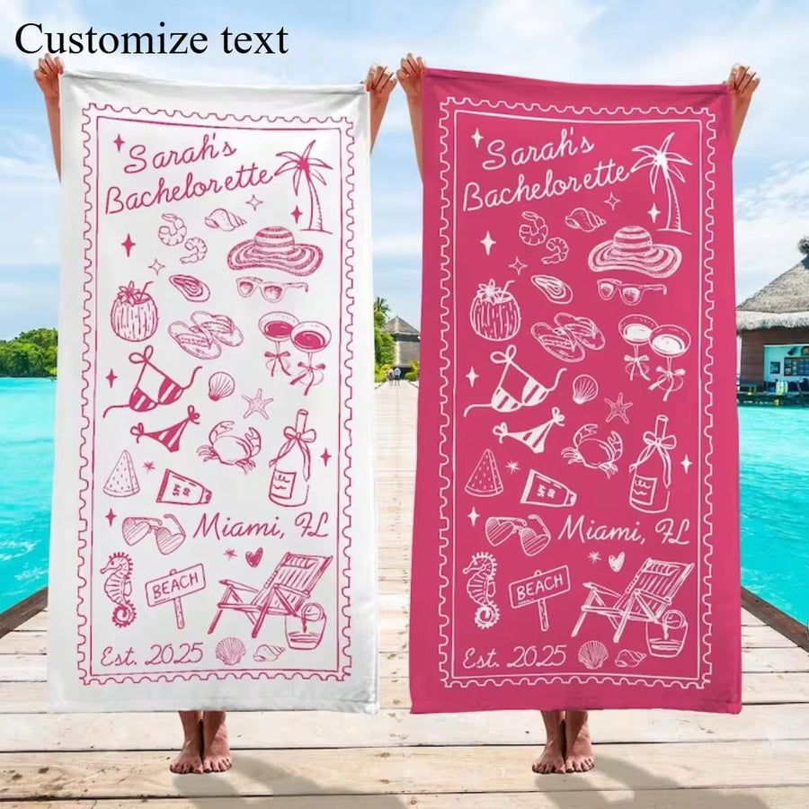 1pc 29″X58″ 31″X71″ Personalized Bachelorette Beach Towel, Custom Location Name Bachelorette Party Pool Towel, Coastal Bridal Shower Beach Towell, Girls Trip, Bridesmaid Gift