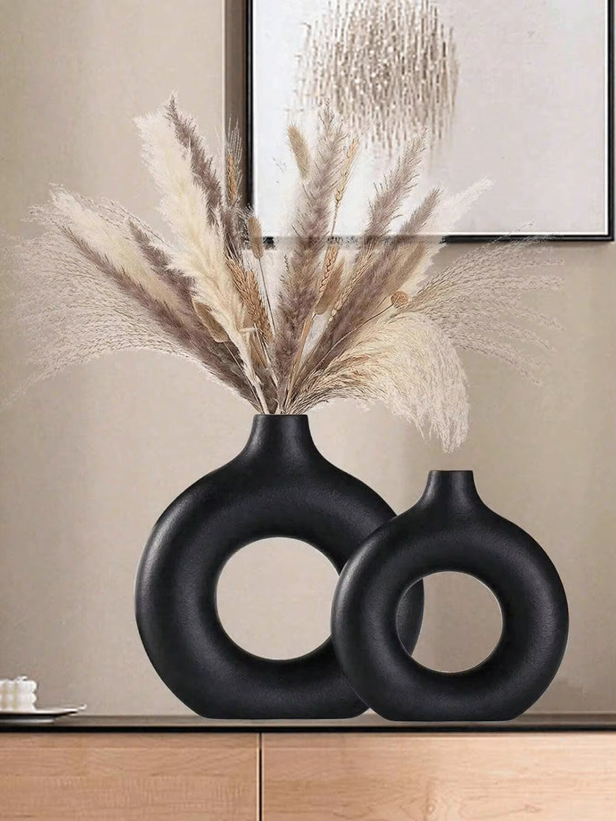 1pc Black Plastic Circular Flower Vase Decoration, Simulated Dry Flower Decoration Vase, Artistic Vase For Floral Arrangements, Simple Fall Living Room Exhibition Hall Decoration,Home Decor,Flower Vase,Centerpiece,Table Decor, Living Room Decor