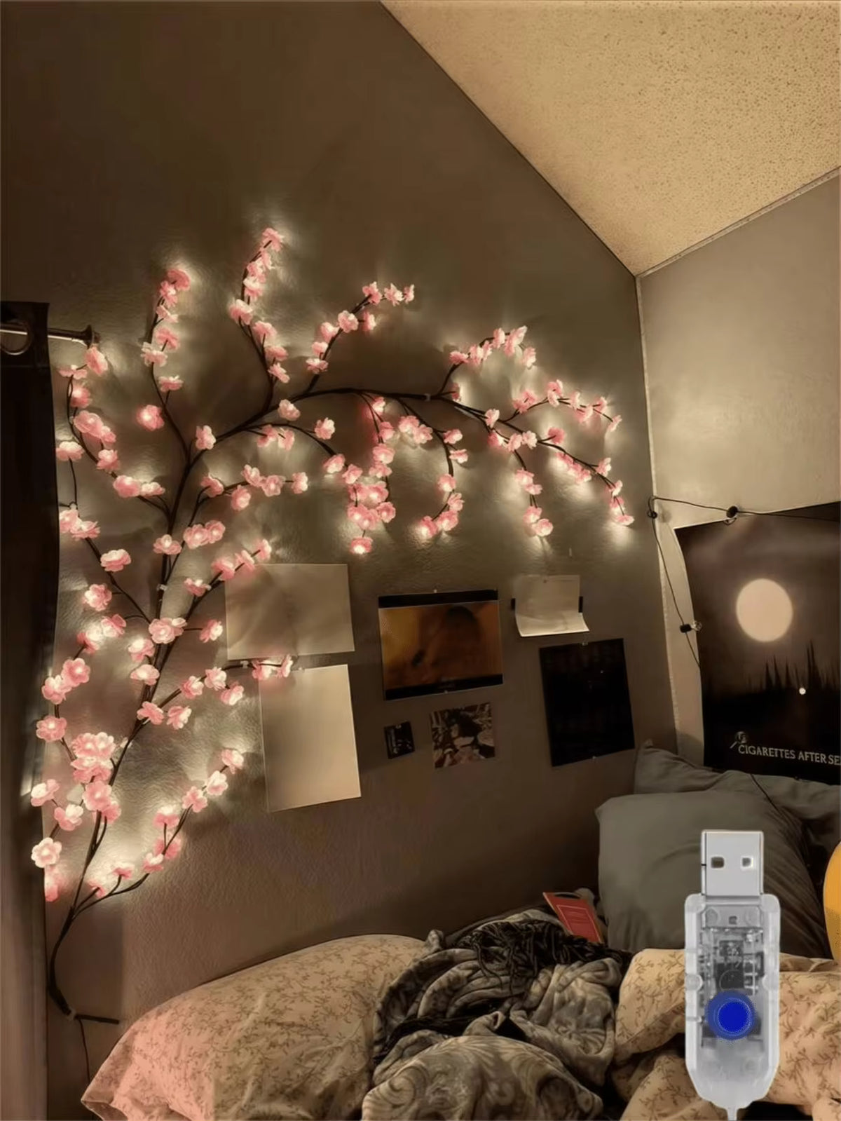 96/144 LED Cherry Blossom Vine Lights, Romantic Floral Design, 8 Flashing Modes, USB Powered, Flexible & Bendable, Suitable For Wedding Decor, Home Decor, Fairy Garden, Room, Wall, Yard, Holiday Party, Gaming Room, Office