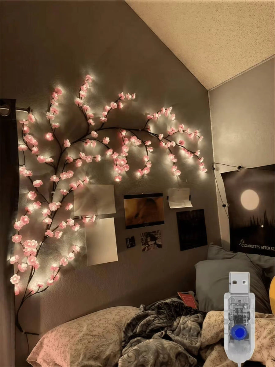 96/144 LED Cherry Blossom Vine Lights, Romantic Floral Design, 8 Flashing Modes, USB Powered, Flexible & Bendable, Suitable For Wedding Decor, Home Decor, Fairy Garden, Room, Wall, Yard, Holiday Party, Gaming Room, Office