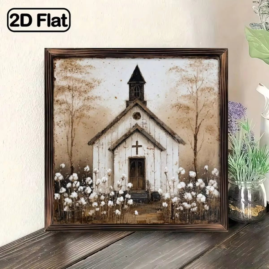 1 Piece Vintage Gothic Church Wall Decoration - Solid Wood Frame, Rustic White Church Sign, With Cross, Window, And Ball-Shaped Decorations, Antique Farmhouse Decor (8x8inch) Suitable For Home, Cafe, Porch - Religious Hanging Decoration
